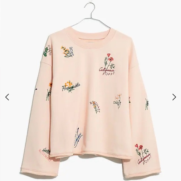 Madewell Embroidered Floral blush pink Bell Sleeve Crewneck - Picture 1 of 7
